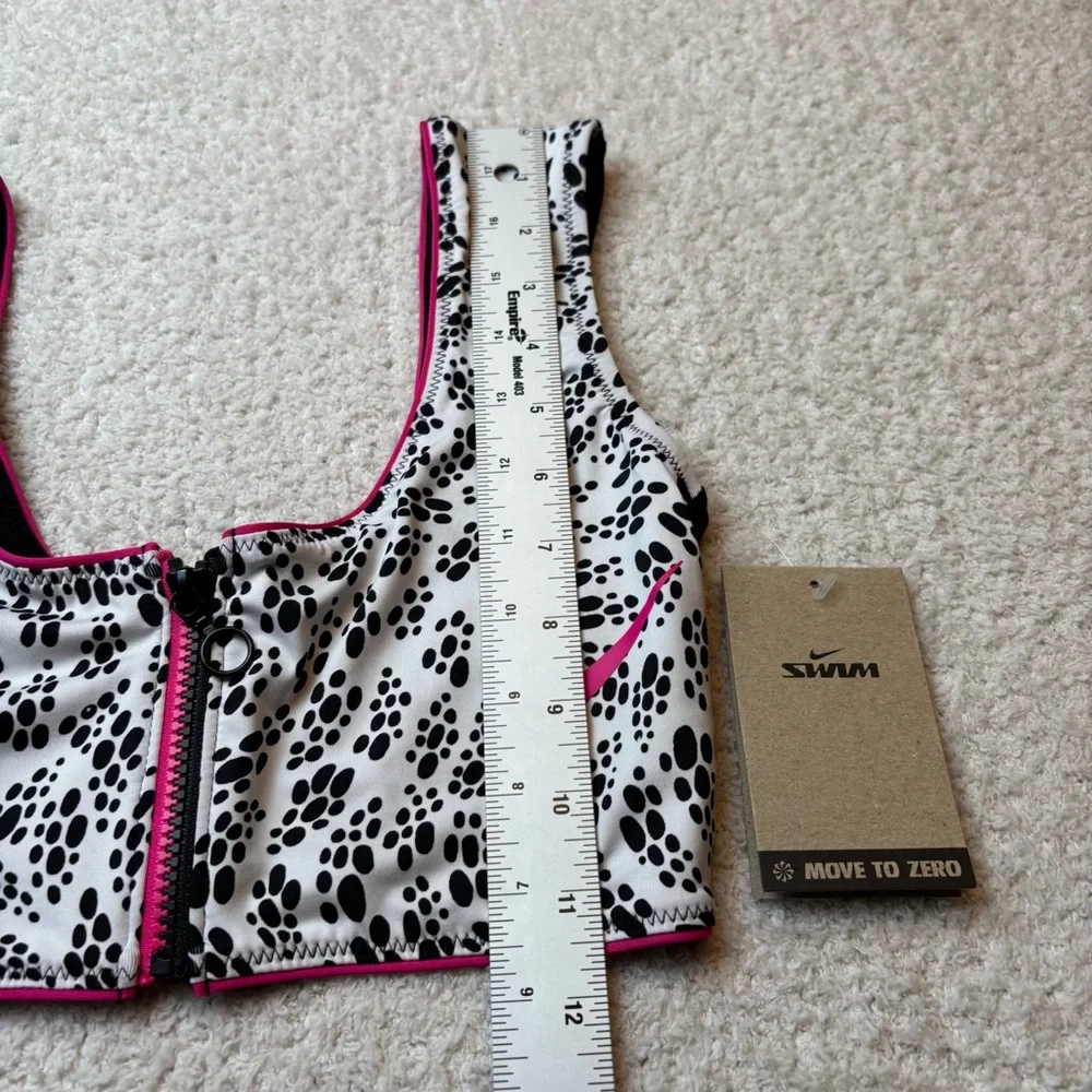 Nike Swim Top Womens S Black White Party Dots Crop Bikini Top Partial Zip‎ Front